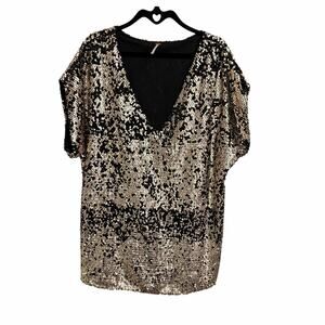 Free People Black Gold Sequin V Neck Pop Goes The Party Mini Dress Small Festive